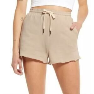 La La Land Elastic Waist Drawstring Lettuce Edge Shorts in Mushroom Large $35